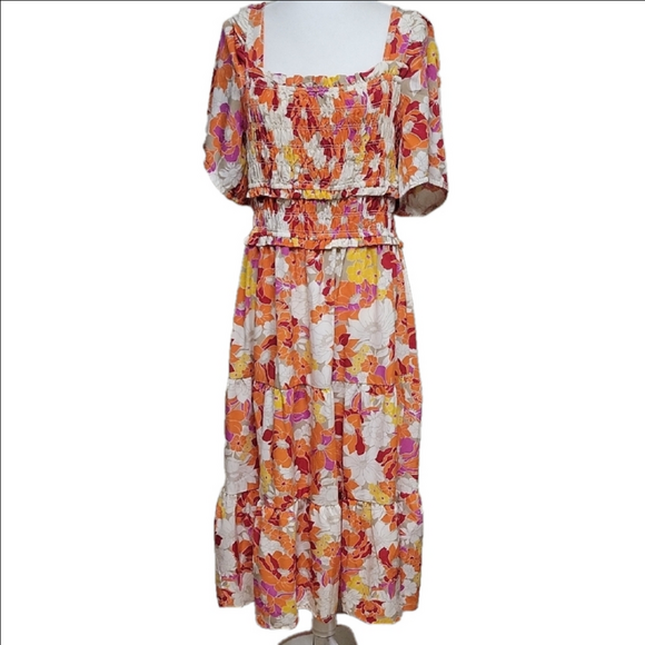 Orange Puff Sleeve Maxi Sundress for Wedding Guests XL Beach Summer Winetasting - Picture 2 of 8